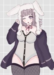  aki_bin animal_ears breasts brown_hair cleavage danganronpa_(series) danganronpa_2:_goodbye_despair detached_collar fake_animal_ears female fishnet_thighhighs fishnets flipped_hair galaga hair_ornament hood jacket large_breasts long_sleeves looking_at_viewer medium_hair mole mole_on_breast nanami_chiaki neck_ribbon official_alternate_costume open_clothes open_jacket pink_eyes pink_ribbon playboy_bunny rabbit_ears ribbon solo spaceship_hair_ornament squeans thighhighs 