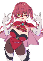  absurdres anno_masato breasts brooch capelet domino_mask elbow_gloves female gloves heterochromia highres hololive houshou_marine how_about_paipai_mask?_(houshou_marine) jewelry leotard mask phantom_thief red_capelet red_eyes red_hair simple_background smile solo strapless strapless_leotard twintails white_background white_gloves 