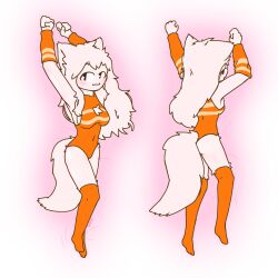  armband bodysuit clothing cone dakimakura felid feline female fluffy fluffy_tail footwear hair hi_res lying mammal on_front orange_bodysuit orange_clothing orange_footwear orange_skinsuit orange_socks sh4rik skinsuit socks solo tail tight_clothing white_body white_hair 