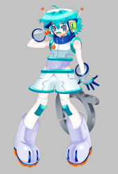  1boy 2000s_(style) @_@ absurdres ahoge androgynous aqua_hair blush boots collar commentary crop_top cyber_fashion desktop_dog_(segatoys) english_commentary fangs gloves grey_background headphones highres leotard looking_at_viewer open_mouth original otoko_no_ko paw_shoes segatoys short_hair shorts simple_background solo standing star_(symbol) tachi-e variant_set 