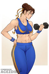  absurdres acezdib artist_name blue_pants blue_sports_bra border bracelet breasts brown_hair bun_cover chun-li closed_eyes commission double_bun dumbbell female gradient_background hair_bun hand_on_own_hip highres holding holding_dumbbell jewelry midriff navel pants signature solo spiked_bracelet spikes sports_bra stomach street_fighter track_pants upper_body white_border 