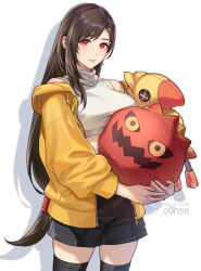  alternate_costume artist_name bare_shoulders black_hair black_shorts black_thighhighs bomb_(final_fantasy) breasts brown_hair casual chocobo commentary_request cowboy_shot cropped_sweater dated drop_shadow earrings female final_fantasy final_fantasy_vii final_fantasy_vii_rebirth final_fantasy_vii_remake highres holding holding_stuffed_toy hood hoodie jewelry large_breasts light_blush lips long_hair looking_at_viewer low-tied_long_hair midriff ohse open_clothes open_hoodie parted_lips pink_lips red_eyes shorts single_earring single_sidelock sleeveless sleeveless_turtleneck solo stuffed_toy sweater swept_bangs thighhighs tifa_lockhart turtleneck turtleneck_sweater twitter_username very_long_hair white_background yellow_hoodie 