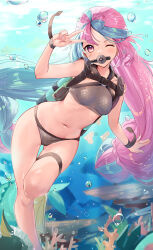  air_bubble bikini blue_eyes bow-shaped_hair breasts bubble commentary commission coral diving female grey_bikini hand_up harness haru_(nakajou-28) hexagon_print highres iono_(pokemon) long_hair looking_at_viewer medium_breasts multicolored_hair navel one_eye_closed oxygen_tank pink_eyes pink_hair pokemon pokemon_sv solo stomach streaked_hair swimsuit underwater v very_long_hair 