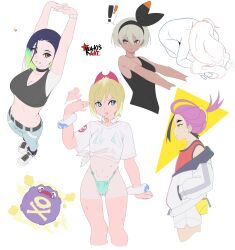  ! 1boy 4girls :o absurdres arms_up bea_(pokemon) belt bikini black_bodysuit black_choker black_hair black_hairband black_socks blonde_hair blue_eyes blue_hair blush_stickers bodysuit bow_hairband bracelet breasts bright_pupils brown_eyes choker cleavage closed_mouth commentary covered_navel expressionless fanning_self fanny_pack green_bikini grey_eyes grey_hair grin hair_between_eyes hairband half-closed_eyes hand_in_pocket hand_up highres irida_(pokemon) jacket jewelry kiakisart kieran_(pokemon) koffing looking_to_the_side loose_hair_strand midriff mole mole_on_neck multicolored_hair multiple_girls navel neck_ring off_shoulder open_mouth own_hands_together pants perrin_(pokemon) pokemon pokemon_(creature) pokemon_legends:_arceus pokemon_sv pokemon_swsh purple_hair red_shirt shirt shoes short_hair short_sleeves shorts sideways_glance sleeveless sleeveless_bodysuit sleeveless_shirt smile sneakers socks split_mouth spoken_exclamation_mark standing stretching sweat swimsuit swimsuit_under_clothes tan tanlines teeth tied_shirt two-tone_hair vest white_background white_footwear white_jacket white_pupils white_shirt white_shorts yellow_bag yellow_eyes zipper_pull_tab 