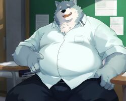  2024 absurd_res anthro belly big_belly bottomwear canid canine canis classroom clothing detailed_background hi_res humanoid_hands kemono male mammal noctnoc overweight overweight_male pants school shirt sitting solo topwear wolf 