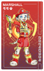  2024 5_fingers animal_crossing anthro armor biped blue_eyes bottomwear canid canine canis clothed clothing dalmatian domestic_dog english_text fingers firefighter_helmet firefighter_uniform floppy_ears fur headgear helmet hi_res kemono male mammal marshal_(animal_crossing) nintendo open_mouth open_smile rakkasei red_bottomwear red_clothing red_shorts safety_vest shorts smile solo tail text topwear uniform vest white_body white_fur 