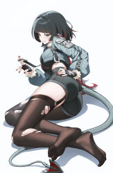  absurdres animal_ears ass black_gloves black_hair black_pantyhose black_shorts black_thighhighs breasts commentary crop_top cropped_jacket female fingerless_gloves fingernails fur-trimmed_jacket fur_trim gloves goeleu green_eyes grey_jacket hand_on_own_hip highres jacket jane_doe_(zenless_zone_zero) large_breasts long_sleeves looking_at_viewer lying midriff mouse_ears mouse_girl mouse_tail nail_polish on_side pantyhose puffy_long_sleeves puffy_sleeves red_nails short_shorts shorts single_leg_pantyhose single_thighhigh smile soles solo tail thighhighs torn_clothes torn_pantyhose torn_thighhighs zenless_zone_zero 