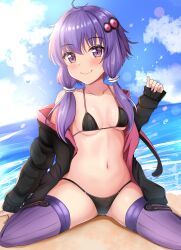  ahoge beach bikini black_bikini black_coat blue_sky blush breasts closed_mouth cloud coat collarbone commentary_request crotch day female hair_ornament highres long_hair looking_at_viewer navel o-ring ocean outdoors purple_eyes purple_hair ritz10_(benben) sitting sky small_breasts smile solo swimsuit twintails voiceroid wariza yuzuki_yukari 