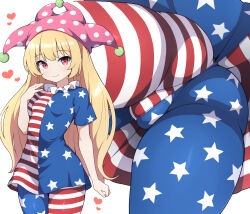  american_flag american_flag_dress american_flag_pants american_flag_print ass blonde_hair blush breasts breasts_apart clownpiece cowboy_shot crotch_focus curly_hair dress female flag_print from_behind from_below hair_between_eyes hand_up hat heart highres hip_focus jester_cap long_hair looking_at_viewer mismatched_pants multiple_views no_wings pants print_pants red_eyes rizento small_breasts smile solo standing star_(symbol) star_print striped_clothes striped_dress striped_pants thighs touhou very_long_hair 