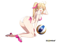  ;d alternate_hair_color antenna_hair ass bandaid bandaid_on_ass bare_legs bikini blonde_hair blush breasts closers copyright_name crossed_bandaids embarrassed female flower footwear_flower from_side full_body furrowed_brow green_eyes hair_ribbon hand_on_own_head hand_up highres kneeling leaning_forward logo long_hair looking_at_viewer medium_breasts mismatched_bikini official_art one_eye_closed open_mouth pink_bikini pink_footwear pink_ribbon ponytail ribbon sandals see-through see-through_shirt shirt short_sleeves side-tie_bikini_bottom smile solo soma_(closers) sweat swimsuit tachi-e teeth tied_shirt upper_teeth_only variant_set volleyball wet wet_clothes wet_shirt white_background white_bikini white_flower white_shirt wrist_ribbon 