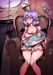  1boy 2girls absurdres armchair bat_wings blue_eyes blue_hair blush braid breasts chair cleavage closed_mouth ga320aaa highres holding_baby indoors izayoi_sakuya large_breasts looking_at_another maid maid_headdress mother_and_daughter multiple_girls panties pointy_ears red_eyes remilia_scarlet short_hair sitting smile straight touhou underwear white_hair white_panties wings 