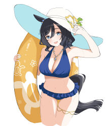  :d animal_ears bikini black_hair blue_bikini blue_eyes breasts cleavage eishin_flash_(reines_plaetschern)_(umamusume) eishin_flash_(umamusume) female frilled_bikini_bottom hair_between_eyes hat highres horse_ears horse_girl horse_tail jewelry large_breasts looking_at_viewer necklace official_alternate_costume one-piece_swimsuit pink_one-piece_swimsuit simple_background smile solo sun_hat swimsuit tail tikatetu7facty tilted_hat umamusume white_background white_hat 