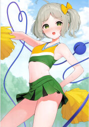  :o absurdres ahoge alternate_costume blue_sky bow cheerleader cloud crop_top day female foliage green_eyes green_hair green_shirt green_skirt hairbow heart heart_of_string highres holding holding_pom_poms kanpa_(campagne_9) komeiji_koishi midriff miniskirt navel one_side_up outdoors pom_pom_(cheerleading) scan shirt skirt sky sleeveless sleeveless_shirt solo teeth third-party_source third_eye touhou two-tone_shirt upper_teeth_only yellow_bow yellow_shirt 