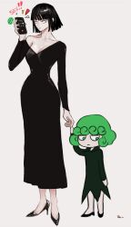  black_dress black_hair bob_cut breasts cellphone chibi cleavage commentary curly_hair dress fubuki_(one-punch_man) green_eyes green_hair hashtag-only_commentary height_difference high_heels highres holding holding_hands holding_phone large_breasts long_dress looking_down nnsee_d off-shoulder_dress off_shoulder one-punch_man phone siblings signature sisters smartphone tatsumaki 