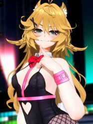  3d alternate_costume animal_ears black_leotard blonde_hair blurry blurry_background bow bowtie clothing_cutout commentary custom_maid_3d_2 detached_collar dokibird_(vtuber) dokibird_(vtuber)_(bounty_hunter) english_commentary eyelashes female fishnet_pantyhose fishnets green_eyes hair_ornament half-closed_eyes heart_cutout highres indie_virtual_youtuber indoors leotard long_hair looking_at_viewer loshi_cm3d2 naughty_face oerba_yun_fang pantyhose red_bow red_bowtie skin_fang smile solo stomach_cutout upper_body v-shaped_eyebrows virtual_youtuber x_hair_ornament 