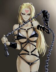  arm_strap black_sclera blonde_hair bondage_outfit breasts collar colored_sclera commentary cowboy_shot dominatrix facial_mark female forehead_mark glasgow_smile grin hashtag-only_commentary heart_o-ring heart_ring_top highres holding holding_whip kaijin_hime_do-s large_breasts long_hair navel nnsee_d one-punch_man red_eyes smile solo spiked_collar spikes 