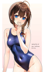  ahoge blue_eyes blue_one-piece_swimsuit blush braid breasts brown_hair cowboy_shot dated female hair_flaps hair_ornament hair_over_shoulder hair_ribbon hanako_(peanut) highres kantai_collection long_hair looking_at_viewer new_school_swimsuit one-piece_swimsuit pink_background ribbon school_swimsuit shigure_(kancolle) shigure_kai_ni_(kancolle) single_braid small_breasts smile solo swimsuit white_background 