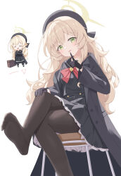  absurdres bag beret black_coat black_gloves black_hat black_pantyhose black_serafuku blonde_hair blue_archive blush bow bowtie cane chair chibi closed_eyes coat commentary_request feet female finger_to_mouth gloves green_eyes halo hat highres long_hair no_shoes pantyhose professor_niyaniya_(blue_archive) red_bow red_bowtie school_uniform serafuku serika simple_background sitting smile soles wavy_hair white_background yellow_halo 