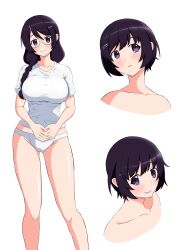  absurdres black_eyes black_hair breasts collarbone female glasses hair_ornament hairclip hanekawa_tsubasa highres kakukakusan long_hair looking_at_viewer monogatari_(series) multiple_views no_pants own_hands_together panties shirt short_hair simple_background smile standing underwear upper_body white_background white_panties white_shirt 