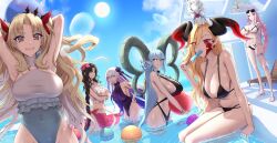  animal_on_head ball cloud fate/grand_order fate_(series) food fou_(fate) highres kama_(fate) kama_(swimsuit_avenger)_(fate) koyanskaya_(fate) larva_tiamat_(fate) larva_tiamat_(third_ascension)_(fate) light_rays multiple_girls nero_claudius_(fate) olga_marie_animusphere on_head pool popsicle queen_draco_(fate) queen_draco_(third_ascension)_(fate) sessyoin_kiara sessyoin_kiara_(swimsuit_mooncancer) shiroshisu space_ereshkigal_(first_ascension)_(fate) sun tamamo_(fate) tiamat_(fate) u-olga_marie 