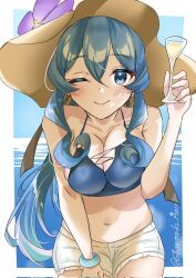  bare_shoulders bikini blue_bikini blue_eyes blue_hair border breasts cleavage corrupted_twitter_file cup drinking_glass female flower gotland_(kancolle) gotland_(swimsuit_mode)_(kancolle) hair_between_eyes hat hat_flower highres holding holding_cup kantai_collection large_breasts long_hair looking_at_viewer mole mole_under_eye navel one-hour_drawing_challenge purple_flower shiratsuki_azu shorts solo sun_hat swimsuit white_border white_shorts 