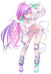  demon_tail female full_body goggles goggles_on_head green_eyes hololive knee_pads long_hair loose_socks midriff mikami_nacaba navel navel_piercing piercing ponytail purple_hair shorts shrug_(clothing) single_wing socks stomach_tattoo tail tattoo tokoyami_towa tokoyami_towa_(5th_costume) two-tone_gloves very_long_hair white_background white_shorts wings 