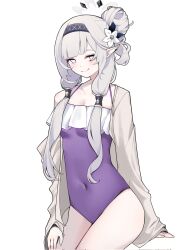  alternate_costume bagjeomlye88315 bare_legs black_hairband blue_archive breasts coat covered_navel female flower grey_coat hair_flower hair_ornament hairband halo highres himari_(blue_archive) long_hair looking_at_viewer mole mole_under_eye multicolored_halo one-piece_swimsuit pointy_ears purple_eyes purple_one-piece_swimsuit simple_background small_breasts smile solo swimsuit two-tone_halo white_background white_hair 