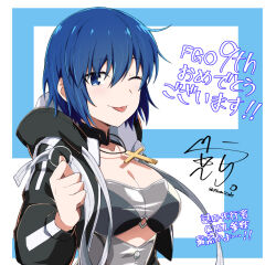  azami_masurao bikini black_bikini black_jacket blue_eyes blue_hair blush breasts c.i.e.l_(fate) ciel_(tsukihime) cleavage commentary_request copyright_name cropped_jacket cross cross_necklace fate/grand_order fate_(series) female hair_between_eyes hood hood_down hooded_jacket jacket jewelry latin_cross long_sleeves looking_at_viewer necklace official_alternate_costume one_eye_closed see-through signature solo swimsuit tongue tongue_out translation_request tsukihime tsukihime_(remake) twitter_username 