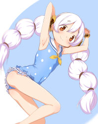  abstract_background abutomato armpits arms_up blue_one-piece_swimsuit blush brown_eyes feet_out_of_frame female flat_chest flower frilled_one-piece_swimsuit frills hair_flower hair_ornament highres long_hair looking_at_viewer mahou_shoujo_madoka_magica momoe_nagisa multicolored_eyes one-piece_swimsuit polka_dot polka_dot_swimsuit ringed_eyes sailor_collar sailor_one-piece_swimsuit smile solo sunflower sunflower_hair_ornament swimsuit twintails very_long_hair white_hair yellow_eyes 