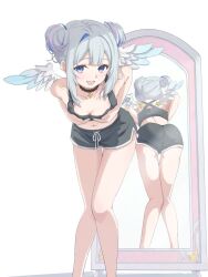  :d alternate_costume amane_kanata angel_wings ass bare_shoulders black_choker black_shorts black_tank_top blue_hair blue_wings breasts casyu_nut center-flap_bangs choker cleavage collarbone colored_inner_hair criss-cross_back-straps crop_top dolphin_shorts double-parted_bangs double_bun feathered_wings feet_out_of_frame female gradient_wings grey_hair hair_bun hands_on_own_chest highres hololive knees_together_feet_apart leaning leaning_forward looking_at_viewer midriff mini_wings mirror multicolored_hair multicolored_wings navel oerba_yun_fang official_alternate_hairstyle pendant_choker pink_hair purple_eyes reflection short_hair short_shorts shorts simple_background single_hair_intake skin_fang small_breasts smile solo standing star_(symbol) star_choker streaked_hair tank_top thigh_gap virtual_youtuber white_background white_wings wings 