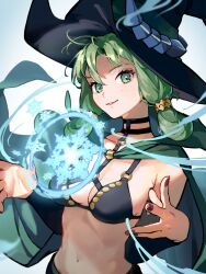  armpit_crease bikini bikini_top_only bito_kibi black_bikini black_choker breasts cape casting_spell choker female freckles green_cape green_eyes green_hair hat highres looking_at_viewer medium_breasts medium_hair navel parted_lips red_nails signature smile solo stomach swimsuit unicorn_overlord upper_body witch_hat yahna_(unicorn_overlord) 