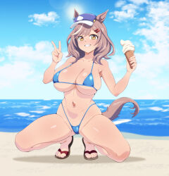  animal_ears beach bikini blue_bikini blue_hat blue_sky breasts brown_hair cabbie_hat cloud day female food full_body grin hat highleg highleg_bikini horizon horse_ears horse_girl horse_tail ice_cream large_breasts matikane_tannhauser_(umamusume) multicolored_hair navel ocean outdoors sandals silberspoon sky smile soft_serve solo squatting streaked_hair swimsuit tail umamusume v white_hair yellow_eyes 