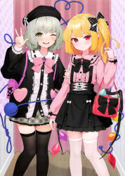  2girls ;d absurdres alternate_costume arm_up bag beret black_bow black_hat black_shirt black_skirt black_thighhighs bow collared_shirt flandre_scarlet green_eyes green_hair green_skirt hairbow hat heart heart_of_string highres kanpa_(campagne_9) komeiji_koishi long_sleeves looking_at_viewer medium_hair miniskirt multiple_girls one_eye_closed one_side_up pink_shirt pointy_ears polka_dot polka_dot_bow red_eyes scan shirt short_hair skirt smile thighhighs third-party_source third_eye touhou w white_thighhighs wings 