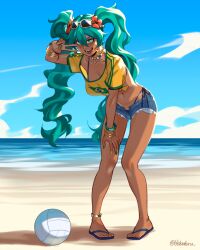  absurdres aqua_eyes aqua_hair armlet artist_name ball beach bead_bracelet beads bikini bikini_under_clothes blue_bikini blue_footwear blue_shorts bracelet brazilian_flag_print brazilian_miku cloud cloudy_sky collarbone day exposed_pocket eyewear_on_head female flag_print flip-flops full_body green_nails halterneck hand_on_own_knee hatsune_miku hekutoru high-waist_bikini highres jewelry leaning_forward long_hair looking_at_viewer midriff nail_polish navel ocean open_fly outdoors print_shirt sandals shirt short_shorts shorts side-tie_bikini_bottom sky solo standing sunglasses swimsuit teeth tied_shirt toes tongue tongue_out twintails v vocaloid volleyball_(object) worldwide_miku yellow_nails yellow_shirt 