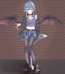  alternate_costume arm_support bat_wings belt belt_buckle black_choker black_footwear black_jacket blue_hair blue_shorts boots breasts brick_wall brown_footwear buckle choker cleavage closed_mouth commentary_request contemporary cross cross_necklace cup denim denim_shorts drinking_glass earrings female fishnets full_body holding holding_cup jacket jewelry kanaria_(bocmn) long_sleeves medium_hair navel_piercing necklace off_shoulder pantyhose partial_commentary piercing pointy_ears red_eyes remilia_scarlet shorts solo table tank_top touhou wings 