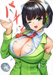  :d absurdres black_hair breasts bursting_breasts cleavage collared_shirt commentary_request detached_sleeves flying_button green_eyes green_jacket headset highres jacket kyoumachi_seika large_breasts looking_at_viewer one_eye_closed open_mouth popped_button shirt short_hair simple_background sleeveless sleeveless_jacket sleeveless_shirt smile tenneko_yuuri voiceroid white_background white_shirt 