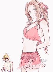  1boy aerith_gainsborough aerith_gainsborough_(pink_mermaid) ancotsubu arm_behind_back artist_name bare_shoulders bikini bikini_skirt blonde_hair braid braided_ponytail breasts brown_hair cleavage cloud_strife cloud_strife_(wild_surf) cowboy_shot female final_fantasy final_fantasy_vii final_fantasy_vii_rebirth final_fantasy_vii_remake flower green_eyes hair_flower hair_ornament hair_ribbon hand_on_own_chest highres holding holding_towel looking_at_viewer medium_breasts midriff official_alternate_costume parted_bangs parted_lips pink_bikini pink_ribbon ribbon short_hair sidelocks single_braid spiked_hair sunglasses swimsuit topless_male towel twitter_username white_background 