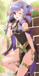  armlet black_dress black_gloves blush commentary_request commission dress female fire_emblem fire_emblem:_genealogy_of_the_holy_war gloves gold_trim haru_(nakajou-28) jewelry long_hair looking_at_viewer one_eye_closed open_mouth outdoors pelvic_curtain purple_eyes purple_hair skeb_commission sleeveless sleeveless_dress smile solo thighs tine_(fire_emblem) twintails 