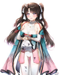  aqua_dress artist_logo bare_shoulders blush bow breasts brown_hair clothes_lift commentary covered_collarbone cowboy_shot dirty dirty_clothes dress earrings elbow_sleeve embarrassed female hairbow highres jewelry large_breasts long_hair looking_at_viewer multicolored_eyes multicolored_hair multiple_hair_bows ohbuya parted_lips pelvic_curtain pelvic_curtain_lift pink_eyes pink_hair simple_background solo standing streaked_hair tearing_up twintails very_long_hair white_background white_bow wuthering_waves zhezhi_(wuthering_waves) 