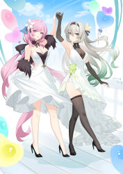  2girls absurdres arm_up bare_shoulders black_bridal_gauntlets black_footwear black_hairband black_ribbon black_thighhighs breasts bridal_gauntlets cleavage closed_mouth commentary dated dress elysia_(honkai_impact) feather_boa firefly_(honkai:_star_rail) full_body gloves gradient_hair green_hair green_pupils hair_between_eyes hair_ornament hair_ribbon hairband hand_grab high_heels highres honkai:_star_rail honkai_(series) honkai_impact_3rd in-franchise_crossover lao_xi large_breasts long_hair looking_at_viewer mihoyo multicolored_hair multiple_girls pink_hair purple_eyes ribbon sidelocks smile standing strapless strapless_dress thighhighs very_long_hair white_dress white_gloves white_hair 