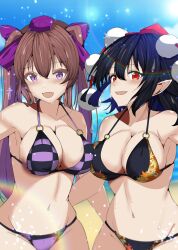  2girls alternate_costume bikini black_bikini black_bra black_hair blue_sky bow bra breasts brown_hair checkered_bikini checkered_clothes cleavage collarbone commentary_request hairbow hat highres himekaidou_hatate kitaura_kasumi large_breasts leaf_print long_hair looking_at_viewer midriff multiple_girls navel ocean outdoors pointy_ears pom_pom_(clothes) purple_bikini purple_eyes rainbow red_bow red_eyes shameimaru_aya short_hair sky smile stomach swimsuit tokin_hat touhou twintails two_side_up underwear wet wet_face wet_hair 