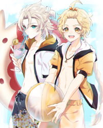  2boys absurdres aether_(genshin_impact) albedo_(genshin_impact) aqua_eyes ball beachball black_hood black_male_swimwear blonde_hair blush braid closed_mouth cup dodoco_(genshin_impact) earrings forehead genshin_impact glass hair_between_eyes highres holding holding_ball holding_beachball holding_cup hood hooded_jacket innertube jacket jewelry long_hair male_focus male_swimwear mizuamememe multiple_boys muscular muscular_male navel necklace open_mouth short_sleeves stomach swim_ring tongue white_hood white_jacket yellow_eyes yellow_jacket yellow_male_swimwear 