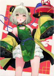  :o absurdres ahoge alternate_costume bowl breasts bun_cover china_dress chinese_clothes cleavage_cutout clothing_cutout cowboy_shot double_bun dress female floral_print green_eyes green_hair hair_bun heart heart_of_string highres holding holding_tray jacket kanpa_(campagne_9) komeiji_koishi long_sleeves looking_at_viewer off-shoulder_jacket off_shoulder rose_print scan short_hair sleeves_past_fingers sleeves_past_wrists small_breasts solo third-party_source third_eye touhou tray wide_sleeves yellow_jacket 