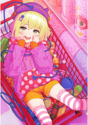  :d absurdres alternate_costume animal_print blonde_hair bow candy female food green_eyes hair_ornament hands_on_own_cheeks hands_on_own_face hat hat_bow heart heart-shaped_pupils heart_hair_ornament heart_of_string highres in_shopping_cart jacket kanpa_(campagne_9) komeiji_koishi long_sleeves orange_bow orange_shorts pink_thighhighs purple_hat purple_jacket rabbit_print scan shopping_cart short_hair shorts smile soda_bottle solo star_(symbol) star_hair_ornament striped_clothes striped_thighhighs symbol-shaped_pupils teeth thighhighs third-party_source touhou upper_teeth_only 