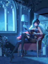  absurdres bare_shoulders black_hair blue_hair blush bob_cut bookshelf breasts chair cleavage diagonal_bangs dice earrings female fur_trim genshin_impact gloves green_eyes highres jacket jewelry juuhachi_kin_(anthonyy1821) large_breasts looking_at_viewer mole multicolored_hair short_hair sitting smile solo yelan_(genshin_impact) 