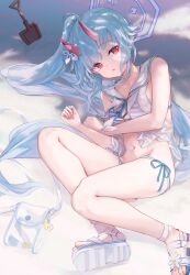  :o absurdres bag bare_arms bare_legs bikini blue_archive blue_hair breasts chise_(blue_archive) chise_(swimsuit)_(blue_archive) day feet female flower full_body groin hair_flower hair_ornament halo highres horns legs light_blue_hair long_hair looking_at_viewer lying makihitsuji navel on_ground on_side open_mouth outdoors parted_lips pointy_ears ponytail red_eyes ribbon sailor_collar sailor_shirt sand sandals see-through see-through_shirt shade shirt shoe_soles shoulder_bag side-tie_bikini_bottom sidelocks skin-covered_horns small_breasts solo stomach string_bikini striped_bikini striped_clothes sunlight swimsuit toes transparent_bag tree_shade two-tone_bikini unworn_bag very_long_hair white_bikini white_flower white_footwear white_sailor_collar wrist_ribbon 