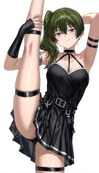  ai-generated arm_strap armpit_crease armpits belt belt_buckle black_choker black_panties blush breasts buckle choker closed_mouth dress female fingerless_gloves gloves green_hair halterneck highres holding_leg holding_own_leg kneepits leg_wrap light_smile long_hair looking_at_viewer n3vermind_mir panties purple_eyes side_ponytail simple_background skirt sleeveless smile solo sousou_no_frieren split standing standing_on_one_leg standing_split strap thigh_strap ubel_(sousou_no_frieren) underwear white_background 