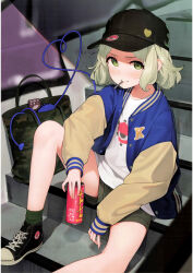  absurdres alternate_costume bag baseball_cap black_footwear black_hat blue_jacket blush can drink_can female green_eyes green_hair green_shorts green_socks hat heart heart_of_string highres holding holding_can jacket kanpa_(campagne_9) komeiji_koishi letterman_jacket long_sleeves scan shirt shoes short_hair shorts sneakers socks soda_can solo stairs third-party_source touhou white_shirt 