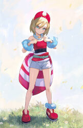  anklet blonde_hair blush bracelet closed_mouth falling_leaves female flower full_body grass hair_between_eyes hairband hands_up head_tilt highres irida_(pokemon) jewelry knees leaf looking_at_viewer mixed-language_commentary neck_ring pokemon pokemon_legends:_arceus red_footwear red_hairband red_shirt sash shirt shoes short_shorts shorts smile solo standing strapless strapless_shirt waist_cape white_flower yugen99 