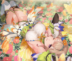  blonde_hair blurry breasts commentary commission depth_of_field fairy fairy_wings female fire_emblem fire_emblem_heroes gloves haru_(nakajou-28) insect_wings large_breasts leotard lying on_back one_eye_closed open_mouth peony_(fire_emblem) plant_hair purple_eyes rubbing_eyes shimekazari sleeveless_leotard solo teeth thighhighs thighs upper_teeth_only white_gloves white_leotard white_thighhighs wings wrist_wrap 